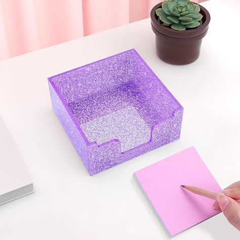 Acrylic Sticky Note Holder, Self Stick Note Pad Holder, 3.94 x 3.94 Inch Glitter Sticky Note Dispenser, Memo Pad Holder Dispenser Organizer for School Office Home Desk Supplies(Purple) Purple Desk Supplies, Purple Desk, Sticky Note Holder, Note Pad Holder, Stick Notes, Note Holders, Desk Supplies, Sticky Note, Home Desk