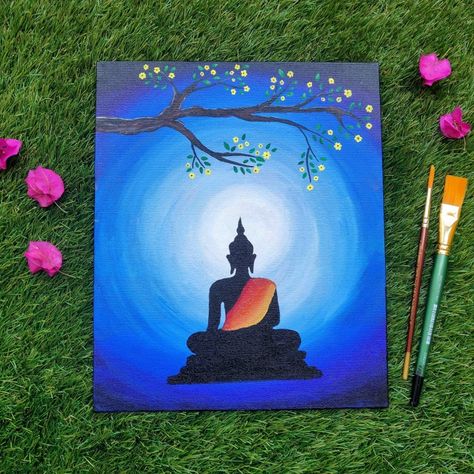 Simple Wall Painting Ideas Budha, Bhudha Pics Painting Easy, Buddha Shadow Painting, Budha Easy Painting, Buddha Acrylic Painting Easy, Buddha Painting Easy, Simple Buddha Painting, Buddha Painting Canvas Modern, Positivity Paintings