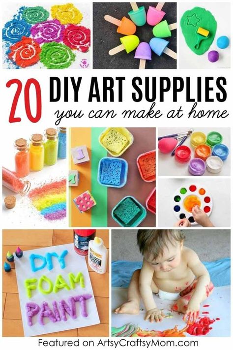 20 DIY Art Materials for kids - Make Homemade Play Dough, Glitter glue, Finger Paint, Watercolor, Stamps, Chalk Paint, DIY Glitter, Puffy Paint, Rangoli & more! Jello Play, Diy Art Supplies, Art Recipes, Dough Clay, Craft Recipes, Crafty Morning, Paint Chalk, Homemade Paint, Crafts Preschool