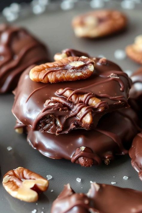 CHOCOLATE PECAN TURTLE CLUSTERS - Recipecs Slow Cooker Chocolate Caramel Clusters, Turtle Pecan Clusters, Crockpot Chocolate Pecan Clusters, Crockpot Turtle Pecan Clusters, Pecan Clusters Easy, Turtle Recipes, Chocolate Pecan Turtle Clusters, Pecan Turtle Clusters, Pecan Turtles Recipe