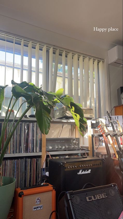 #plants #records #dreamroom #recordplayer #monstera #amps #amp #guitars #guitarist #musicroom #musician #life #room #roominspo Guitarist Room, Record Player, Music Room, Room Makeover Bedroom, Dream Room, Room Makeover, Room Inspo, Bedroom