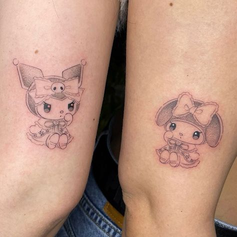 . ݁₊ ⊹ . ݁ custom kuromi + my melody ݁ . ⊹ ₊ ݁. for the cutest besties, asia and sakura ..< ✿ i’m currently filling up my schedule for june at @slowstainstudio <3 emaiI for a quote! pls refer to my “how to book” highlight for all relevant booking info :3 tyyyyy & ilyyyyy ✿ #tattoo #tattooshop #tattooartist #tattooart #tattooideas #tattoogirl #finelinetattoo #stipple #losangeles #losangelestattoo #latattooartist #queertattooartist #femaletattooartist #cutetattoo #pinterest #sanrio #sanriotatto... Hello Kitty Matching Tattoos, Dolly Tattoos, Cute Matching Tattoos, Tattoos Matching, Matching Sister Tattoos, Cute Hand Tattoos, Kawaii Tattoo, Simple Tattoo Designs, Kuromi My Melody