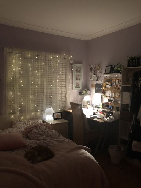 Rooms With String Lights, Light Aesthetic Bedroom Ideas, Room With Curtains Aesthetic, Lights In Curtains, Aesthetic Room Curtains, Basement Room Aesthetic, Curtain Inspo Bedroom, String Lights Bedroom Ideas, String Lights In Bedroom