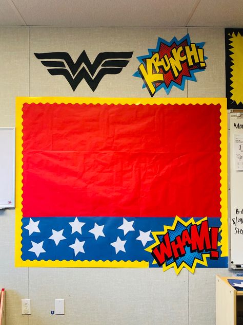 Super Hero Bulletin Board Preschool, Marvel Theme Bulletin Board, Wonder Woman Bulletin Board, Super Hero Bulletin Boards Elementary, Wonder Woman Classroom Theme, Avengers Bulletin Board, Super Hero Bulletin Board Ideas, Marvel Classroom Theme, Hero Bulletin Board