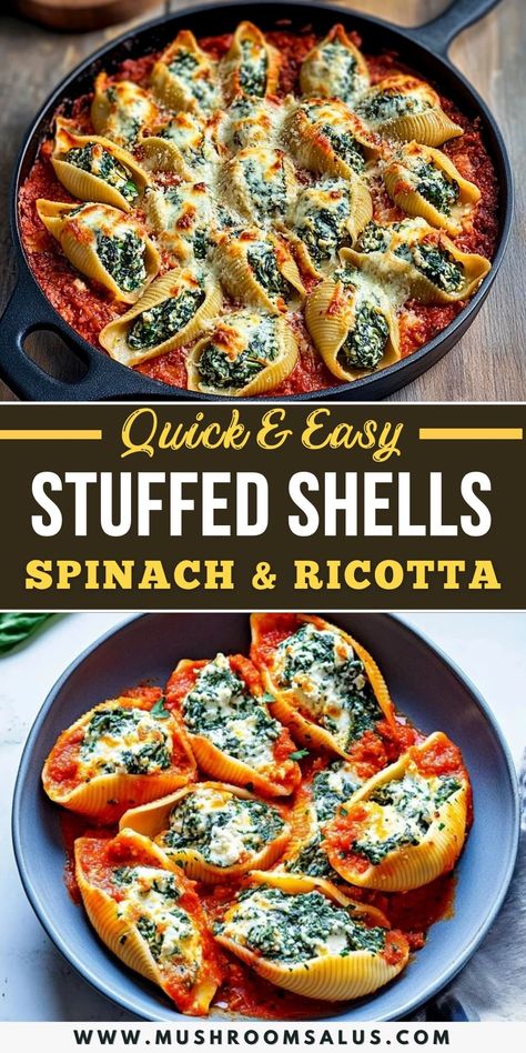 Make dinner a hit with these Spinach and Ricotta Stuffed Shells! This easy and healthy recipe is loaded with cheesy goodness and veggie-packed flavor, perfect for a comforting vegetarian dinner. A simple yet impressive veggie pasta dish that’s ideal for any night of the week. Save this Spinach Stuffed Shells Recipe now for your next family meal! Spanakopita Stuffed Shells, Healthy Dinner Recipes For Family Pasta, Spinach Ziti Bake, Stuffed Shells Recipe Healthy, Veggie Stuffed Pasta Shells, Eggplant Parm Stuffed Shells, Vegetarian Recipes Valentines Day, Vegetarian Stuffed Pasta Shells, Stuffed Shells Recipe Vegetarian