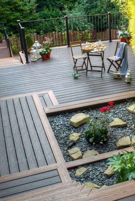 Tek Deck Ideas, Deck Connected To Patio, Trex Decking Ideas Color Schemes, Deck Patterns Design, Deck To Patio Transition Ideas, Trex Deck Ideas Color Schemes, Deck To Patio Transition, Patio Transition Ideas, Unique Deck Ideas