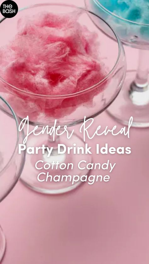 Cotton Candy Themed Gender Reveal, Gender Reveal Drinks Alcohol, Champagne Tower Gender Reveal, Gender Reveal Cocktails, Unique Gender Reveal Ideas Themes, Gender Reveal Treat Ideas, New Years Gender Reveal Party, Gender Reveal Drink Ideas, Champagne Gender Reveal