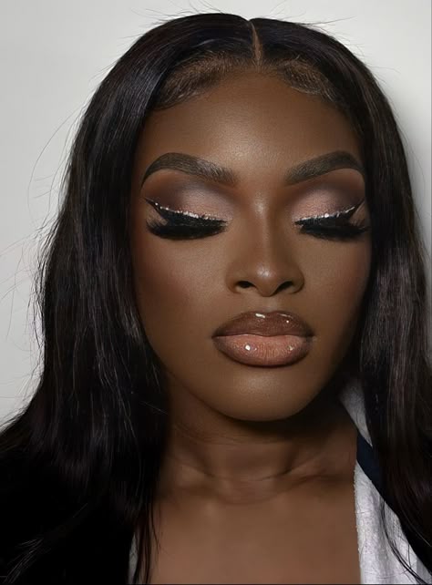 Silver Accent Makeup, Hoco Makeup With Black Dress, Soft Glam Makeup Sparkle, Brown Smokey Eye Red Lip, Female Makeup Looks, Owambe Makeup Look, Birthday Make Up Idea, Full Soft Glam Makeup, Emerald Green And Silver Makeup