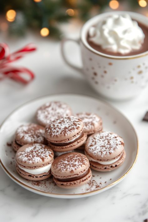 Hot Chocolate Macarons Recipe Hot Chocolate Macarons, Chocolate Macarons Recipe, Macarons Recipe, Chocolate Macarons, Mocha Cookies, Chocolate Macaron, Christmas Pie, Pecan Ice Cream, First Snowfall