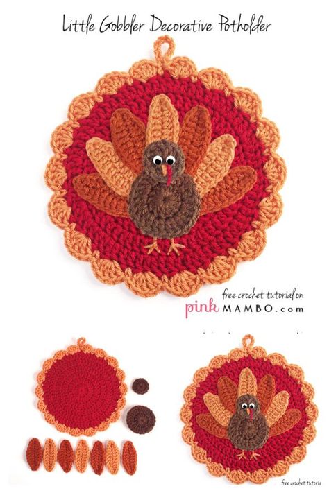 Crochet Turkey Hot Pad, Turkey Coaster Crochet, Crochet Turkey Potholder Pattern, Crochet Turkey Coaster Free Pattern, Crochet Turkey Applique Free Pattern, Fall Crochet Patterns Free Ideas, Turkey Crochet Pattern Free, Crochet Turkey Pattern Free, Thanksgiving Crochet Patterns Free