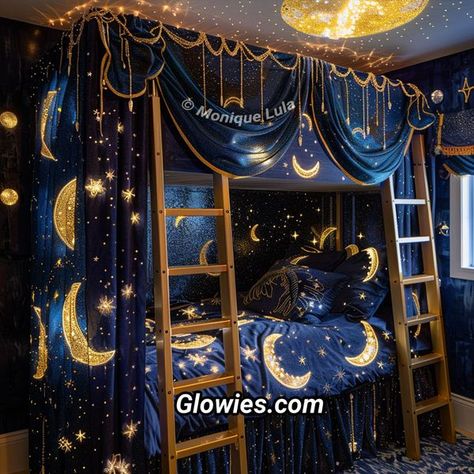 Nightsky Themed Bedroom, Night Sky Bedroom Aesthetic, Galaxy Themed Room, Boy's Bed, Room Galaxy Light, Astrology Room, Starry Night Bedroom, Galaxy Themed Room Wallpaper, Night Sky Bedroom Fairy