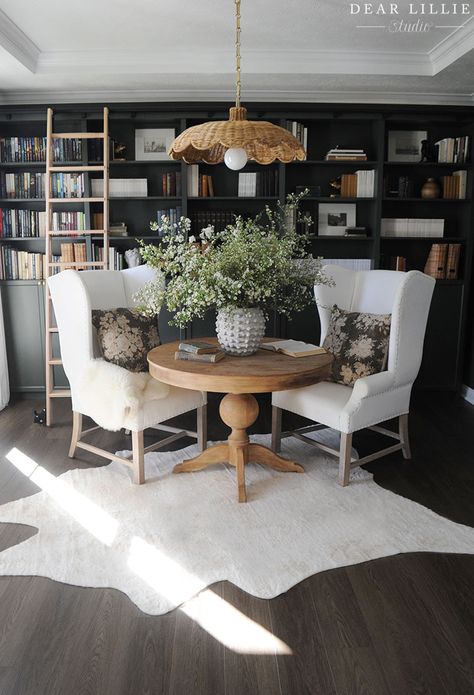 Bookshelf Dining Table, Dining Table In Library, Billy Bookcase Reading Nook, Home Library Dining Room, Book Shelves In Dining Room, Bookcase Alternatives, Couch Between Bookcases, Bookcases In Dining Room, Alternative To Dining Room