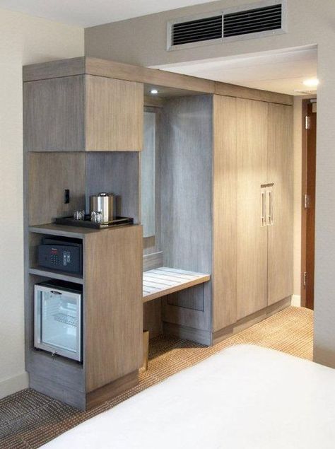 Hotel Minibar, Hotel Room Decoration, Hotel Room Design Plan, Small Hotel Room, Hotel Bedroom Design, Hotel Room Interior, Small Kitchenette, Mini Loft, Banquet Table