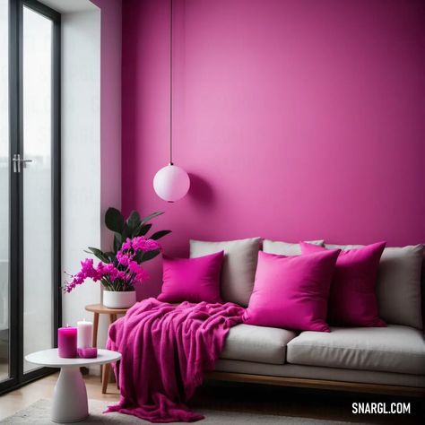 Living room with a couch and a pink wall in the corner of the room with a vase of flowers. Colors, Deep cerise. Cool home furniture. Follow us and visit our site for more amazing content! #boho #Deepcerise #vase #kitchen #color #pink #interiordesign #inspiration #illustration #Colors #funny #graphic #pattern #livingroom #furniture Deep Pink Room, Fuschia Living Room, Berry Living Room, Pink Living Room Walls, Cerise Color, Neoclassical Interior Design, Pink Painted Walls, Hot Pink Walls, Raspberry Torte