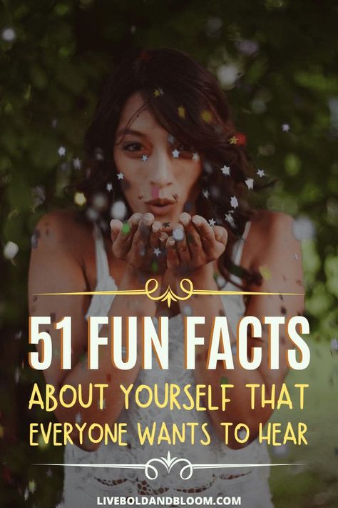 If you want people to get to know you better, you'll need to open up and share some interesting things about yourself. Check out this list of fun facts about yourself to tell others. Fun Facts About People, Something Interesting About Myself, 3 Fun Facts About Me, Things To Share About Yourself, Funny Fun Facts About Yourself, 50 Facts About Me Questions, Why Do People Make Fun Of Others, Things You Need To Know About Me, Things People Like List