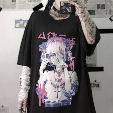 Punk Tops, Baggy Shirts, Harajuku Clothes, Harajuku Anime, Alt Clothes, Baggy T-shirt, Gothic Tops, Harajuku Outfits, Anime Tshirt