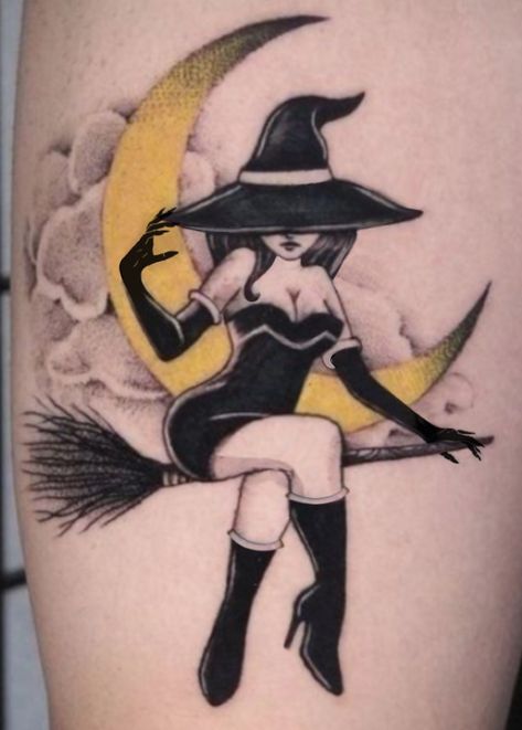 Tattoo witch on a broomstick Witch On Broomstick Tattoo, Witch Head Tattoo, Naked Witch Tattoo, Pinup Witch Tattoo, Witch Pinup Tattoo, Witch Pin Up Tattoo, Witch Craft Tattoo, Pinup Witch, Witch Tattoos