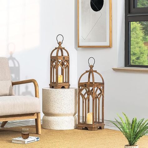 Glitzhome Farmhouse Decorative Lanterns Wooden Candle Lantern Church Window Frame Lanterns for Wedding Mantle Entryway Home Patio Balcony Garden, Pack of 2, Natural, No Glass Large Floor Lanterns, Wedding Mantle, Vintage Wooden Candle Holders, Wooden Candle Lanterns, Glass Farmhouse, Floor Lanterns, Hanging Candle Lanterns, Decorative Lanterns, Church Window