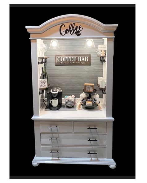 Coffee Hutch Ideas, Coffee Bar Armoire, Coffee Hutch, Coffee Bar Hutch, Small Living Dining, Buffet Bar, Diy Coffee Station, Painting Old Furniture, Coffee Bar Station