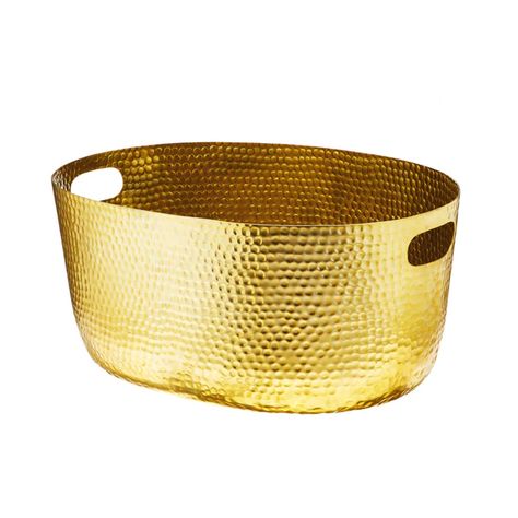 Store enough bubbly and rosé to keep the party going, and keep things on ice in this luxurious gold hammered tub.  Finished with glimmering hammered gold and cut-out handles, this is a must-have soirée accessory. This functional decor piece will tie together any themed gathering Bridal Shower Baskets, Party Tub, Perfect Gift Basket, Drink Bucket, Metal Tub, Beverage Tub, Shower Basket, Functional Decor, Rustic Farmhouse Style