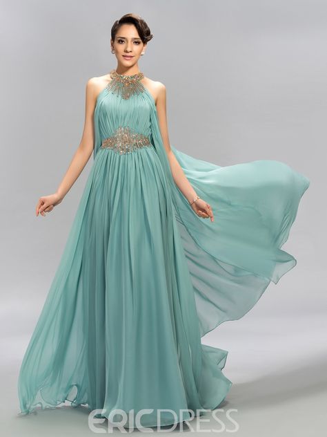 Long Chiffon Evening Dress, Mob Dress, Evening Dress Beaded, Cheap Fashion Dresses, Beaded Formal Dress, Green Formal Dresses, Ruffle Prom Dress, Gaun Fashion, A Line Evening Dress