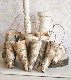 Mandy this reminds me of your Christmas decorations this last season.  Lovely.   birch bark cones for pew decorations or for on a christmas tree.  Lovely Birch Bark Crafts Diy, Birch Bark Decor, Birch Wood Decor, Tree Bark Crafts, Bark Idea, Bark Crafts, Birch Bark Crafts, Birch Craft, Birch Tree Wedding