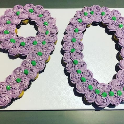 Nine Decades! Pull apart cake. 90th Birthday Cupcakes For Women, Cupcake Arrangements, Easy Cupcakes Decoration, 90 Birthday, Cake Number, 90th Birthday Cakes, Pull Apart Cake, Number Ideas, 95 Birthday