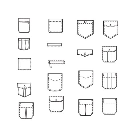 Pockets Fashion Flat Templates / Technical Drawings / Fashion CAD Designs for Adobe Illustrator / Fashion flat sketch - Payhip Denim Technical Drawing, Menswear Technical Drawing, Clothing Templates Design, Types Of Pockets Fashion, Types Of Pockets Sketches, Pocket Design Fashion Men, Pants Technical Drawing, Tshirt Pocket Design, Pocket Logo Design