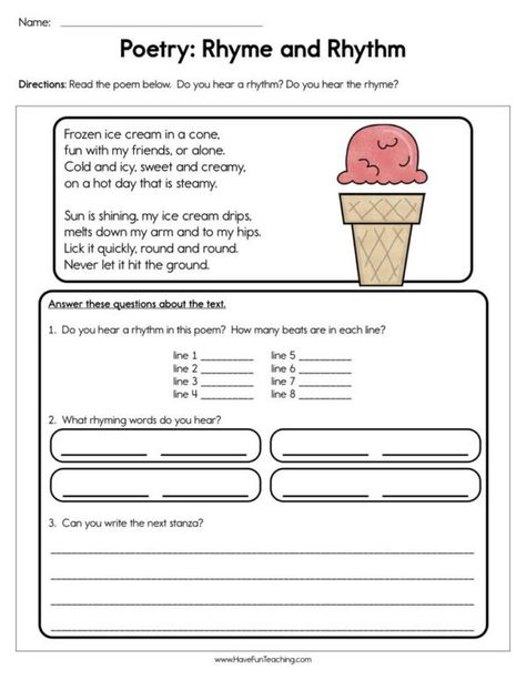 Rhyming - Have Fun Teaching Poetry Exercises, Poetry Comprehension Worksheets, Kindergarten Rhyming, Poetry Vocabulary, Analyzing Poetry, Poetry Comprehension, Class Worksheets, Rhythm Worksheets, Rhyming Words Worksheets