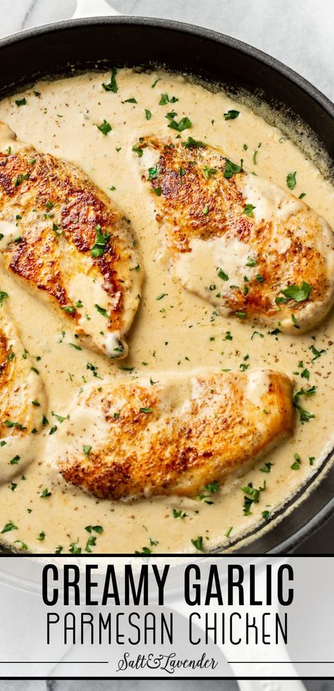 a skillet with chicken and text overlay that reads creamy garlic parmesan chicken Creamy Garlic Parm Chicken Crockpot, Creamy Lemon Parmesan Chicken Piccata, Golden Caesar Parmesan Chicken, Chicken Recipes In Cast Iron Skillet, Low Fat Creamy Chicken Recipes, Parmesan Recipes Healthy, Keto Creamy Garlic Parmesan Chicken, Garlic Parmesan Chicken Skillet, Chicken In Parmesan Cream Sauce