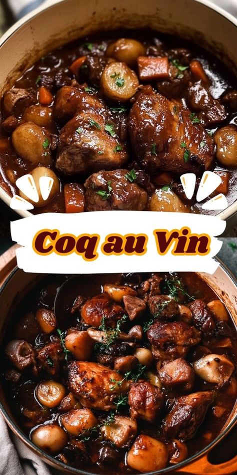 Coq au Vin Ingredients: Chicken Marinade: 4 chicken thighs (bone-in, skin-on) 4 chicken drumsticks 16 pearl onions or pickling onions 1 bay leaf 3 thyme sprigs (or 1 tsp dried thyme) 750 ml (3 cups) Pinot Noir or other dry red wine For Coq au Vin Stew: 400g (14oz) white mushrooms, halved (quartered if large) 150g (5oz) bacon, cut into 1 x 2.5cm batons 60g (4 tbsp) unsalted butter 3 garlic cloves, minced 2 tbsp tomato paste 7 tbsp plain/all-purpose flour #CoqauVin French Coq Au Vin, Chicken Cocovan Coq Au Vin, Coq Au Vin Chicken, Coq Au Vin Instant Pot, Chicken Pinot Noir, Best Coq Au Vin Recipe, Coq Au Vin Crockpot, Cocovan Coq Au Vin, Co Que Vin Chicken