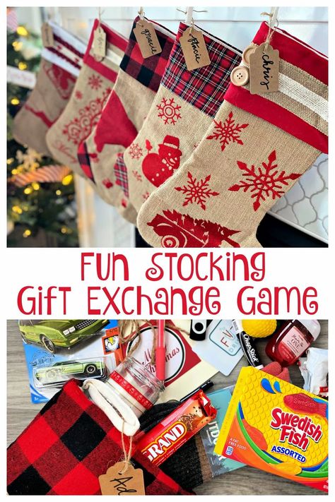 Christmas Stocking Gift Exchange, Christmas Stocking Exchange, Secret Stocking Exchange, Sock Exchange Ideas Gift, Stocking Game, Secret Santa Sock Exchange, Dice Game Gift Ideas, Stocking Exchange Party, Stocking Stuffer Gift Exchange