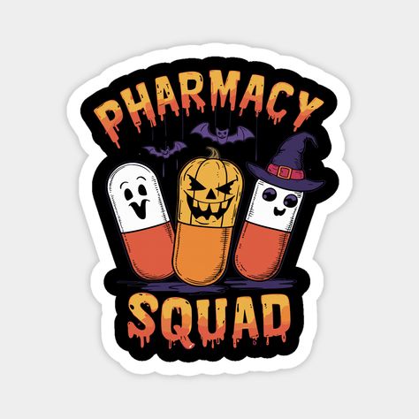 Whimsical Halloween-themed pharmacy design featuring three medication capsules dressed as a ghost, jack-o'-lantern, and witch, perfect for pharmacists and pharmacy technicians -- Choose from our vast selection of magnets to match with your desired size to make the perfect custom magnet. Pick your favorite: Movies, TV Shows, Art, and so much more! Available in two sizes. Perfect to decorate your fridge, locker, or any magnetic surface with. Pharmacy Art, Medical Theme, Pharmacy Technician, Pharmacy Design, Whimsical Halloween, A Ghost, Pharmacist, Custom Magnets, Jack O Lantern