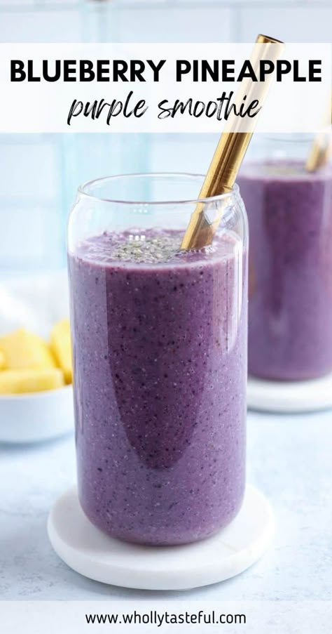 Blueberry Pineapple Smoothie is made with sweet blueberries, juicy pineapple, plant milk and naturally sweetened with banana. This dairy-free and gluten-free smoothie is high in fiber, antioxidants and vitamins and perfect for healthy breakfast or snack. Purple Smoothie Recipes, Blueberry Pineapple Smoothie, Nutritional Smoothie Recipes, Cottage Cheese Smoothie, Purple Smoothie, Gluten Free Smoothie, Pineapple Plant, Vegan Smoothie Bowl, Blueberry Banana Smoothie