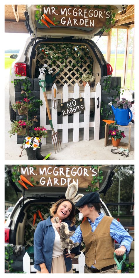 Mr McGregor’s garden was a big hit for trunk or treat! Garden Theme Trunk Or Treat, Spring Trunk Or Treat Ideas, Plant Trunk Or Treat, Flower Trunk Or Treat Ideas, Easter Trunk Or Treat, Trunk Or Treat Gnome, Bunny Trunk Or Treat Ideas, Gnome Trunk Or Treat Ideas, Trunk Or Treat Garden Theme