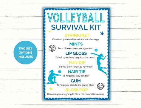 THIS ITEM IS A DIGITAL DOWLOAD, PLEASE NOTE A PHYSICAL PRINT WILL NOT BE MAILED TO YOU  Show the volleyball players in your life some love with this volleyball survival kit.  Fill a bag with the items listed and attach the tags to make a perfect little game day gift, volleyball team gift, team party or end of season gift, or a simple way to treat the special player in your life anytime.   Once ordered, simply download, print and cut to size.  Fill a bag with the survival kit items and either att Volleyball Fire Up Bags, Volleyball Game Day Gifts, Volleyball Team Spirit Ideas, Volleyball Gift Bags For Players, Volleyball Goodie Bag Ideas Team Gifts, Volleyball Goodie Bags, Volleyball Tournament Goodie Bags, Volleyball End Of Season Gifts, Volleyball Gift Bag Ideas