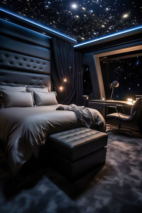 Luxurious modern bedroom in deep black and cosmic gray, featuring a queen-size futon bed, cosmic gray desk, and star projector. Futuristic Bedroom Design, Black Modern Bedroom, Luxurious Modern Bedrooms, Dark Romantic Bedroom, Chocolate Bedroom, Galaxy Bedroom, Futuristic Bedroom, Star Bedroom, Black Bedroom Design