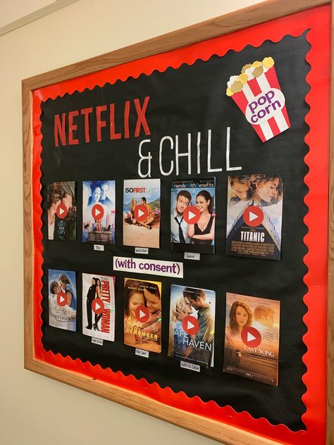 RA bulletin board on Consent- Netflix & Chill themed School Board Ideas Highschool, Netflix Classroom Theme, Cinema Bulletin Board, Netflix Theme Bulletin Board, Youtube Bulletin Board, Netflix Theme Party Decorations, Tik Tok Bulletin Board Ideas, Ra Movie Theme Bulletin Boards, Bulletin Board Theme Ideas