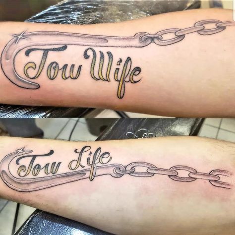 Couples J hook tow truck driver tattoo Towing Tattoo Ideas, Tow Truck Tattoo Ideas, Tow Truck Tattoo, Driver Tattoo, Truck Tattoos, Tattoos For Women Cat, Trucker Tattoo, Hook Tattoos, Wedding Band Tattoo