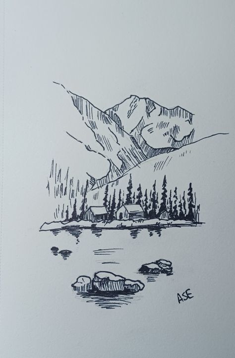 #mountains #mountainrange #cabin #penart #sketching #sketchingart Outdoorsy Sketches, Mountain Cabin Drawing, Cabin Sketch Simple, Lake Cabin Drawing, Simple Cabin Drawing, Landscape Doodles, Outdoor Sketches, Cabin Sketch, Cabin Drawing