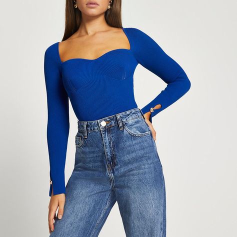 Checkout this Blue ribbed sweetheart neck top from River Island Blue Bustier Top, Sweetheart Neck Top, Cuff Detail, Ribbed Top, Bustier Top, Sweetheart Neck, Bright Blue, Sweetheart Neckline, Suits You