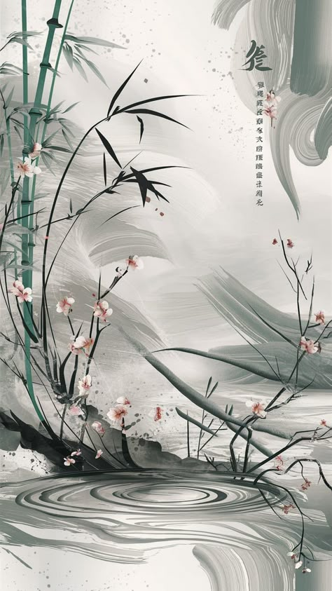 Immerse yourself in tranquility with this harmonious zen art print. Inspired by East Asian ink wash techniques, it features a serene landscape adorned with bamboo and cherry blossoms. Subtle gradients and flowing lines create a calming atmosphere, while intentional negative space invites reflection. Perfect for mindfulness, this minimalist piece enhances any personal space with its emotive, muted colors. #ZenArt #InkWash #Mindfulness Zen Landscape, Chinese Background, Android Theme, Ink Wash, Zen Art, Homescreen Wallpaper, Muted Colors, Art Inspiration Drawing, Pretty Wallpapers