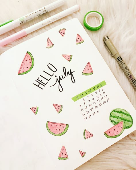 Dayary Ideas, Watermelon Bujo Cover, Calendar Ideas Journal, May Page Bullet Journal, Easy Calendar Ideas, Journal Ideas Monthly Calendars, Watermelon Journal Ideas, Bujo July Cover Page, Journal July Ideas