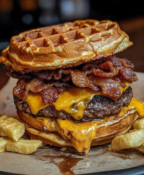 Melissa Rodriguez Waffle Burger, Burger Ingredients, Bacon Waffles, Classic Burger, Maple Bacon, Beef Patty, Waffles, Bacon