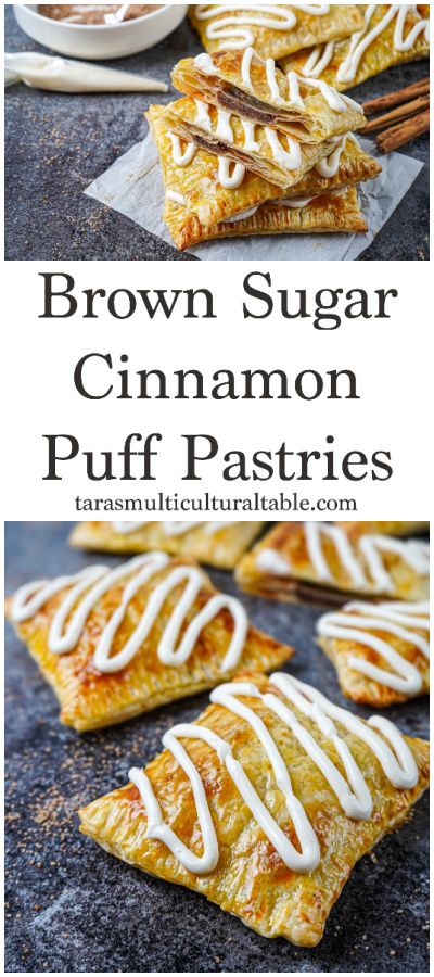 A recipe for Brown Sugar Cinnamon Puff Pastries- Tara's Multicultural Table- Puff pastry rectangles are filled with cinnamon brown sugar and topped with a thick vanilla icing. Food With Puff Pastry, Puff Pastry Breakfast Sweet, Quick Breakfast Pastry Recipes, Puff Pastry Pop Tarts Brown Sugar, Homemade Puff Pastry Poptarts, Homemade Breakfast Pastry, Puff Pastry Dessert Cinnamon, Diy Poptart Puff Pastry, Fall Puff Pastry Desserts