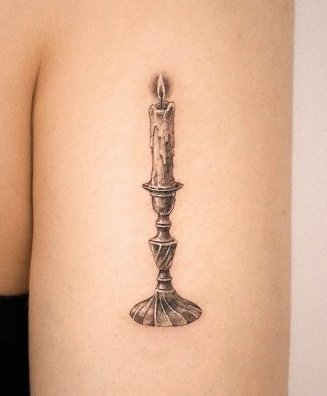 Realistic Candle Tattoo, Match And Candle Tattoo, Candle Stick Tatoos, Kerosene Lamp Tattoo, Vintage Candle Tattoo, Candle Stick Tattoo Design, Book And Candle Tattoo, Lit Candle Tattoo, Candlelight Tattoo