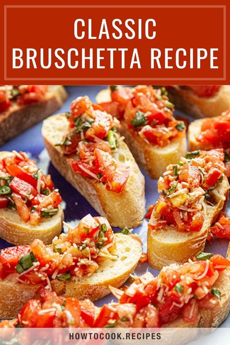 Looking for something simple and fresh to kick off a meal with friends and family? This homemade bruschetta recipe has you covered. With plenty of bold flavors from tomatoes and herbs, you top it onto warm, golden and toasty French bread for a perfect party app or dinner starter that everyone will enjoy! Brusetta Appetizer Recipe, French Bread Bruschetta, Burchette Recipe, Recipes For Bruschetta, Appetizer Recipes Bruschetta, Classic Bruschetta Recipe, Bruschetta Dip Appetizer Ideas, Brachetto Bread, Bruschetta Appetizer Easy