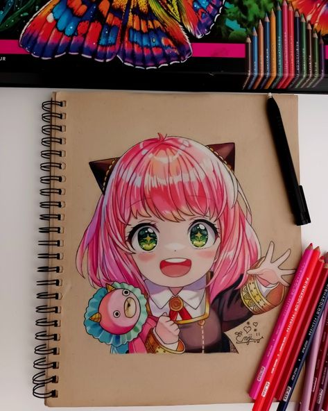 Anime Drawing With Pencil Colour, Anime Color Pencil Art Drawings, Colored Pencil Anime Art, Prismacolor Art Anime, Colored Pencil Anime, Spyxfamily Drawing, Anime Drawing Coloured, Anime Color Pencil Art, Watercolour Anime Art