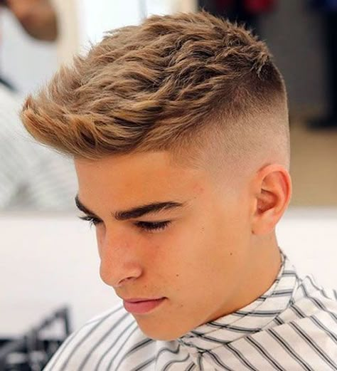 Quiff with High Fade - Popular Haircuts For Men #menshaircuts Faded Haircut, Mid Fade Haircut, Quiff Haircut, High Fade Haircut, Men Blonde Hair, Boy Haircuts Long, Mens Summer Hairstyles, Crop Haircut, Men Hairstyle