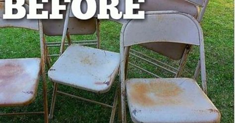 We are SO stealing this idea Painted Sticks Decor, Folding Chair Makeover, Vintage Metal Chairs, Spray Paint Projects, Metal Folding Chairs, Painting Light, Painted Patio, Metal Working Projects, Decorative Ideas